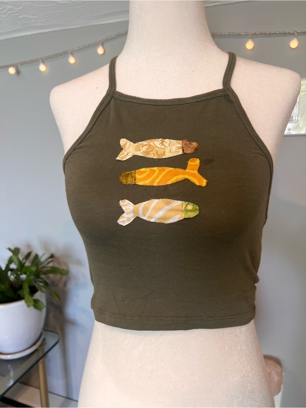 Upcycled fish graphic Olive Green crop top